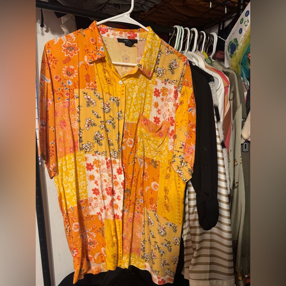 Forever 21 Orange Floral Button Down Shirt